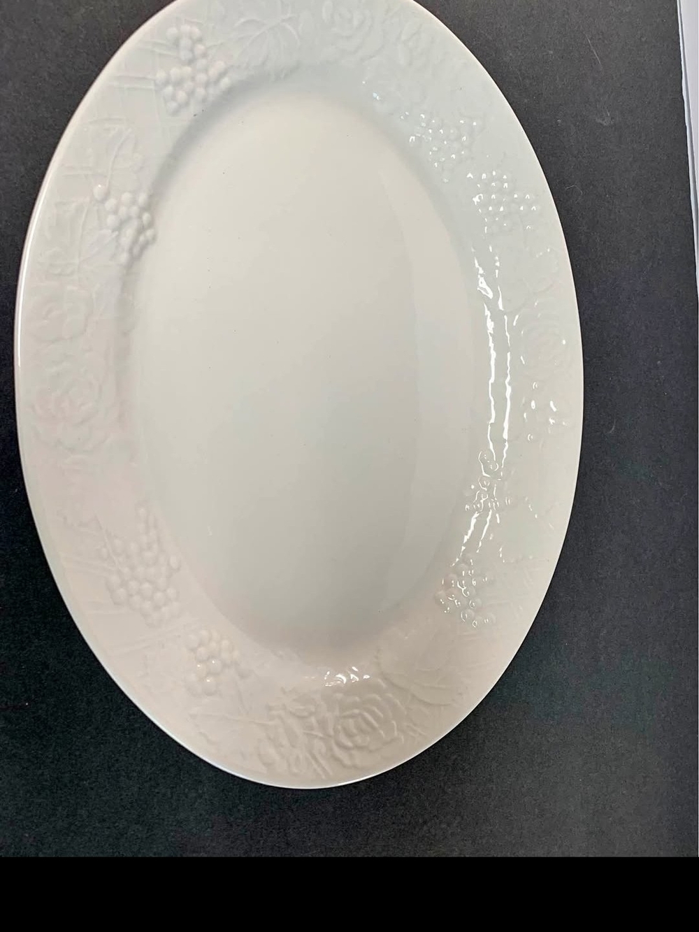White Ceramic Serving Platter with Embossed Grape & Rose Motif